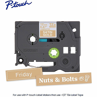 Brother Genuine P-touch TZeMQ835 WHT on SATIN GLD Label Tape, Laminated, 12mmX5m (TZEMQ835G)