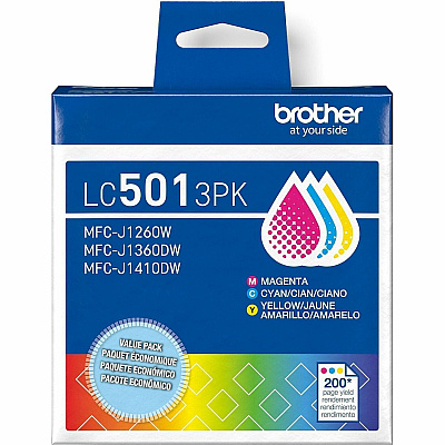 Brother LC501 3PK Original Standard Yield Inkjet Ink Cartridge - Cyan, Magenta, Yellow - 3 / Pack (LC5013PKS)