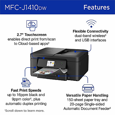 Brother Work Smart MFC-J1410DW Wired & Wireless Inkjet Multifunction Printer - Color