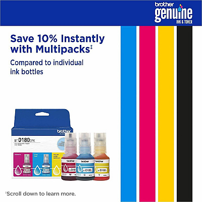 Brother Genuine BTD1803PK 3-Pack High Yield Cyan, Magenta, and Yellow Ink Bottles (BTD1803PKS)