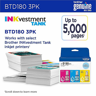 Brother Genuine BTD1803PK 3-Pack High Yield Cyan, Magenta, and Yellow Ink Bottles (BTD1803PKS)
