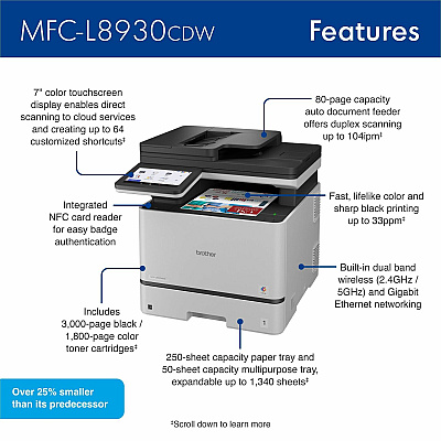 Brother MFC-L8930CDW Wired & Wireless Laser Multifunction Printer - Color - Black, White