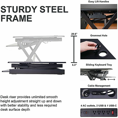 Rocelco DADRB-40-ACUSB Sit-to-Standing Desk Riser and Converter (RDADRB40ACUS)