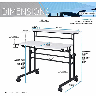 Techni Mobili Rolling Writing Desk (3800SUWHT)