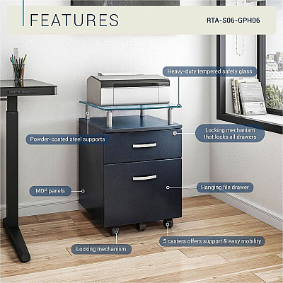Techni Mobili Rolling Glass-Top Filing Cabinet (S06GPH06)