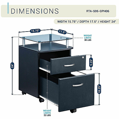 Techni Mobili Rolling Glass-Top Filing Cabinet (S06GPH06)