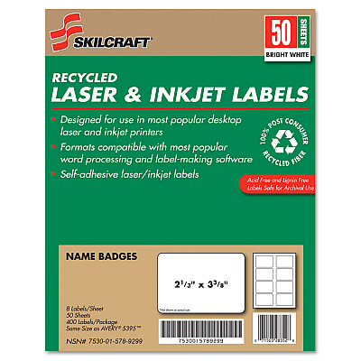 AbilityOne 7530015789299, SKILCRAFT Adhesive Name Badge Labels, Inkjet/Laser Printers, 2.33 x 3.38, White, 8/Sheet, 50 Sheets/Box