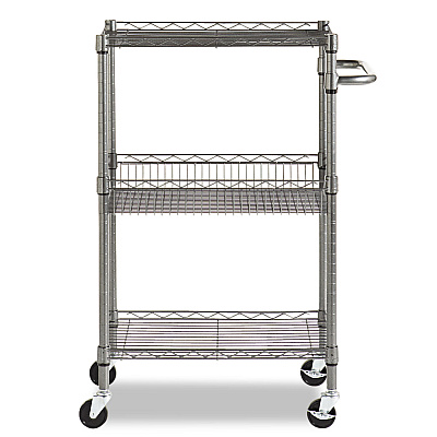 Alera Three-Tier Wire Cart with Basket, Metal, 2 Shelves, 1 Bin, 500 lb Capacity, 28" x 16" x 39", Black Anthracite (ALESW342416BA)