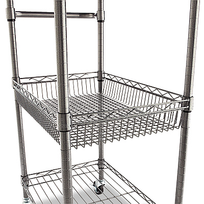 Alera Three-Tier Wire Cart with Basket, Metal, 2 Shelves, 1 Bin, 500 lb Capacity, 28" x 16" x 39", Black Anthracite (ALESW342416BA)