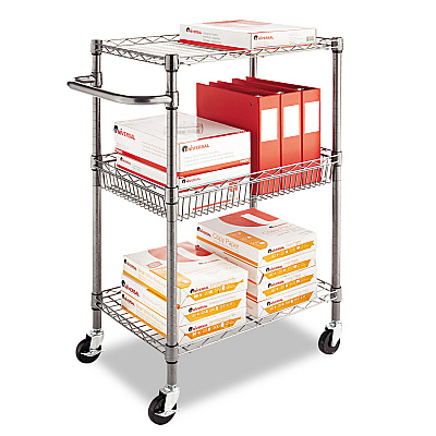 Alera Three-Tier Wire Cart with Basket, Metal, 2 Shelves, 1 Bin, 500 lb Capacity, 28" x 16" x 39", Black Anthracite (ALESW342416BA)