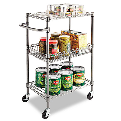 Alera Three-Tier Wire Cart with Basket, Metal, 2 Shelves, 1 Bin, 500 lb Capacity, 28" x 16" x 39", Black Anthracite (ALESW342416BA)