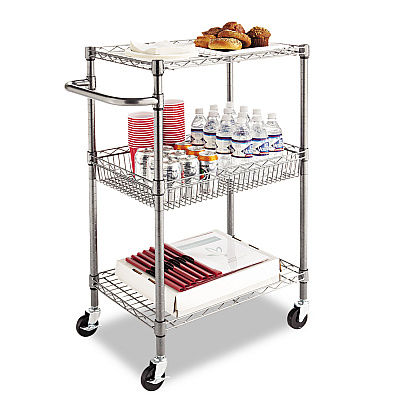 Alera Three-Tier Wire Cart with Basket, Metal, 2 Shelves, 1 Bin, 500 lb Capacity, 28" x 16" x 39", Black Anthracite (ALESW342416BA)