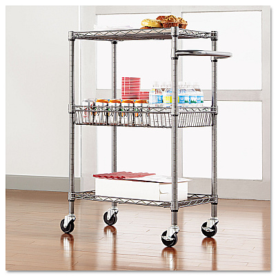 Alera Three-Tier Wire Cart with Basket, Metal, 2 Shelves, 1 Bin, 500 lb Capacity, 28" x 16" x 39", Black Anthracite (ALESW342416BA)