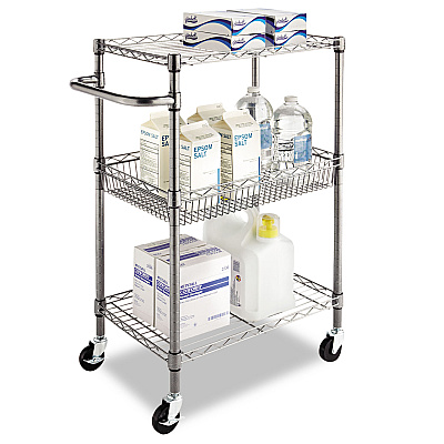 Alera Three-Tier Wire Cart with Basket, Metal, 2 Shelves, 1 Bin, 500 lb Capacity, 28" x 16" x 39", Black Anthracite (ALESW342416BA)