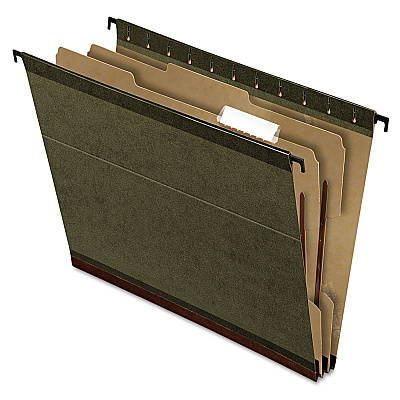 Pendaflex SureHook Reinforced Hanging Divider Folders, 2" Expansion, 1 Divider, 4 Fasteners, Letter Size, Green Exterior, 10/Box (PFX59253)
