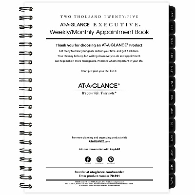 AT-A-GLANCE Executive Weekly/Monthly Planner Refill with 15-Minute Appointments, 11 x 8.25, White Sheets, 12-Month (Jan to Dec): 2026 (7091110)