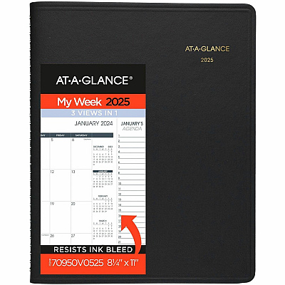 AT-A-GLANCE Triple View Weekly Vertical-Column Format Appointment Book, 11 x 8.25, Black Cover, 12-Month (Jan to Dec): 2026 (70950V05)