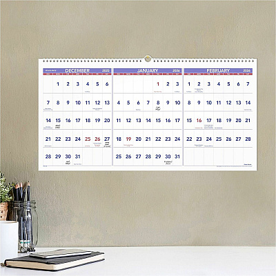 AT-A-GLANCE Deluxe Three-Month Reference Wall Calendar, Horizontal Orientation, 24 x 12, White Sheets, 15-Month: Dec 2025 to Feb 2027 (PM1428)