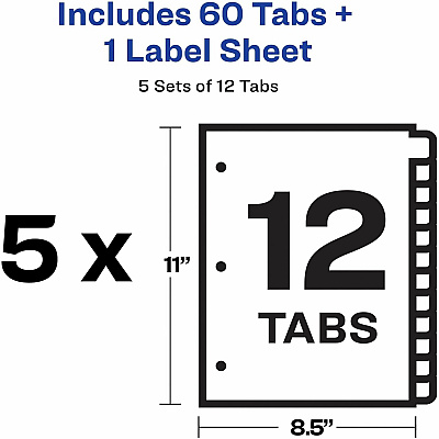 Avery(R) 12 Tab Dividers for 3 Ring Binder, Easy Print & Apply Clear Label Strip, Index Maker(R) Customizable Multicolor Tabs, 5 Sets (AVE11405)