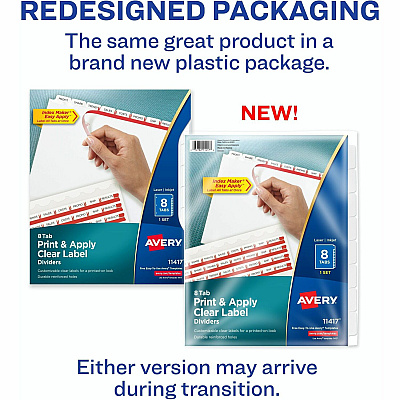 Avery(R) 8 Tab Dividers for 3 Ring Binder, Easy Print & Apply Clear Label Strip, Index Maker(R) Customizable White Tabs, 1 Set (AVE11417)