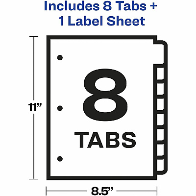 Avery(R) 8 Tab Dividers for 3 Ring Binder, Easy Print & Apply Clear Label Strip, Index Maker(R) Customizable White Tabs, 1 Set (AVE11417)