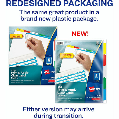 Avery(R) 5 Tab Dividers for 3 Ring Binder, Easy Print & Apply Clear Label Strip, Index Maker(R) Customizable Multicolor Tabs, 5 Sets (AVE11418)