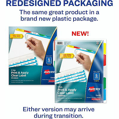 Avery(R) 5 Tab Dividers for 3 Ring Binder, Easy Print & Apply Clear Label Strip, Index Maker(R) Customizable Multicolor Tabs, 5 Sets (AVE11418)