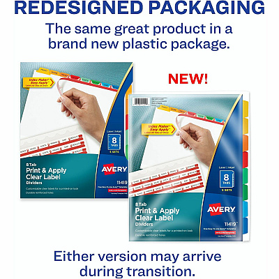 Avery(R) 8 Tab Dividers for 3 Ring Binder, Easy Print & Apply Clear Label Strip, Index Maker(R) Customizable Multicolor Tabs, 5 Sets (AVE11419)