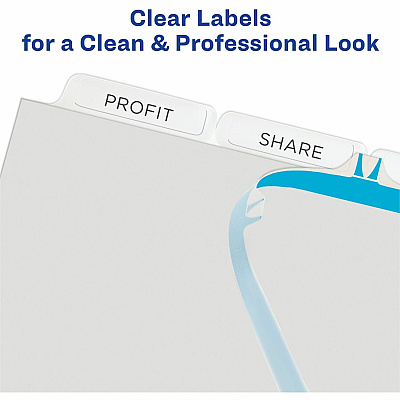 Avery(R) 5 Tab Plastic Dividers for 3 Ring Binder, Easy Print & Apply Clear Label Strip, Index Maker(R) Customizable Frosted White Tabs, 1 Set (AVE11449)