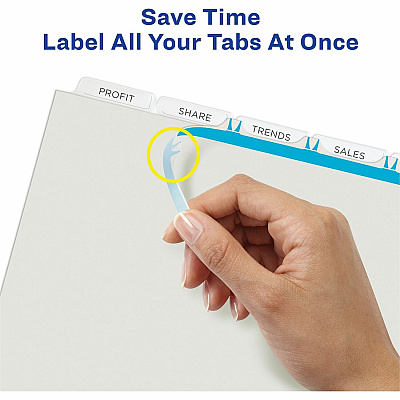 Avery(R) 5 Tab Plastic Dividers for 3 Ring Binder, Easy Print & Apply Clear Label Strip, Index Maker(R) Customizable Frosted White Tabs, 1 Set (AVE11449)