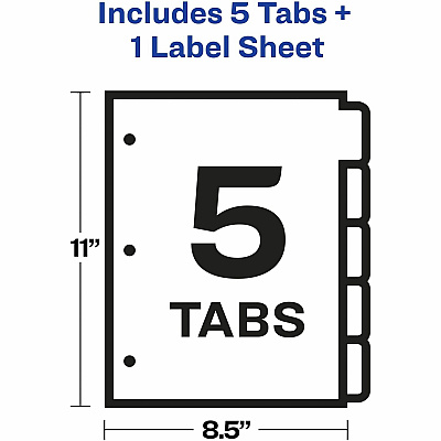 Avery(R) 5 Tab Plastic Dividers for 3 Ring Binder, Easy Print & Apply Clear Label Strip, Index Maker(R) Customizable Frosted White Tabs, 1 Set (AVE11449)