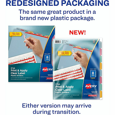 Avery(R) 8 Tab Plastic Dividers for 3 Ring Binder, Easy Print & Apply Clear Label Strip, Index Maker(R) Customizable Multicolor Tabs, 5 Sets (11433) (AVE12433)
