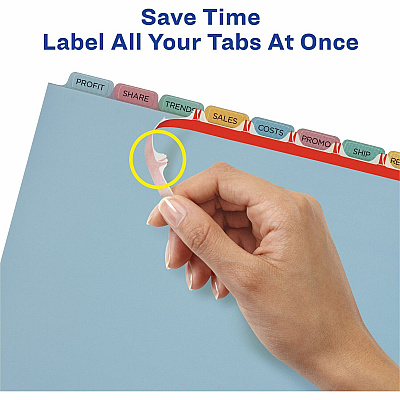 Avery(R) 8 Tab Plastic Dividers for 3 Ring Binder, Easy Print & Apply Clear Label Strip, Index Maker(R) Customizable Multicolor Tabs, 5 Sets (11433) (AVE12433)
