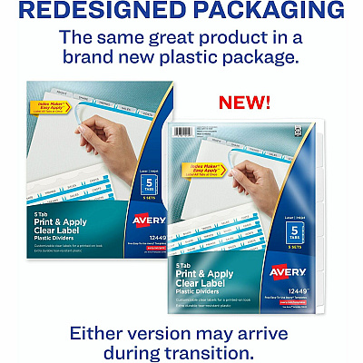 Avery(R) 5 Tab Plastic Dividers for 3 Ring Binder, Easy Print & Apply Clear Label Strip, Index Maker(R) Customizable Frosted White Tabs, 5 Sets (AVE12449)