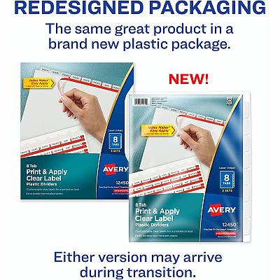 Avery(R) 8 Tab Plastic Dividers for 3 Ring Binder, Easy Print & Apply Clear Label Strip, Index Maker(R) Customizable Frosted White Tabs, 5 Sets (AVE12450)