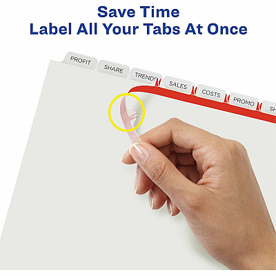 Avery(R) 8 Tab Plastic Dividers for 3 Ring Binder, Easy Print & Apply Clear Label Strip, Index Maker(R) Customizable Frosted White Tabs, 5 Sets (AVE12450)