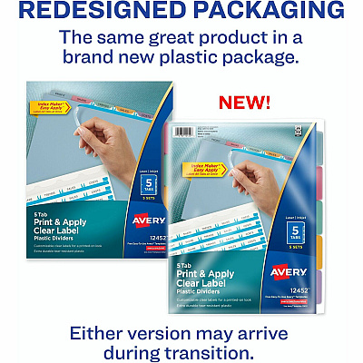 Avery(R) 5 Tab Plastic Dividers for 3 Ring Binder, Easy Print & Apply Clear Label Strip, Index Maker(R) Customizable Multicolor Tabs, 5 Sets (11452) (AVE12452)