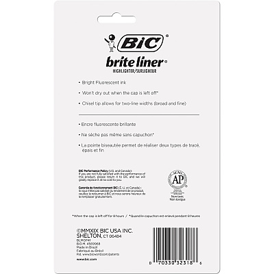 BIC Brite Liner Grip XL Highlighters, Assorted, 4 Pack (BICBLMGP41ASST)
