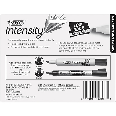 BIC Intensity Low Odor Dry Erase Marker, Tank, Assorted, 4 Pack (BICGDEMP41ASST)