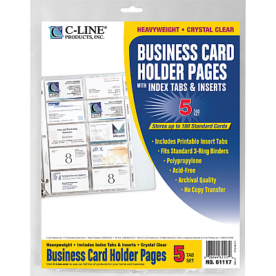 C-Line Business Card Holder Pages with Index Tabs for Ring Binders, Poly (CLI61117)