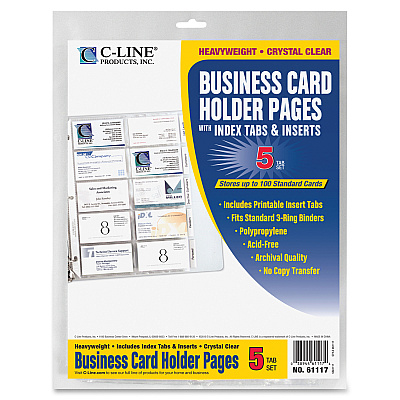C-Line Business Card Holder Pages with Index Tabs for Ring Binders, Poly (CLI61117)