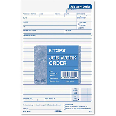 TOPS Carbonless 3-Part Job Work Order Forms (TOP3868)