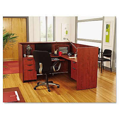 Alera Valencia Series Reception Desk with Transaction Counter, 71" x 35.5" x 29.5" to 42.5", Medium Cherry (ALEVA327236MC)