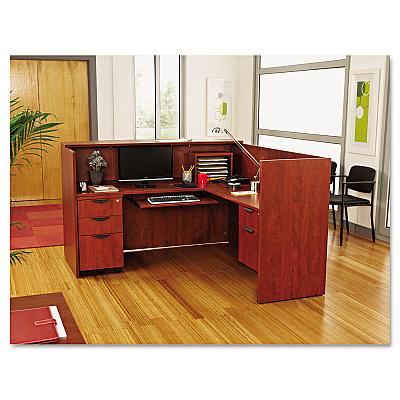 Alera Valencia Series Reception Desk with Transaction Counter, 71" x 35.5" x 29.5" to 42.5", Medium Cherry (ALEVA327236MC)