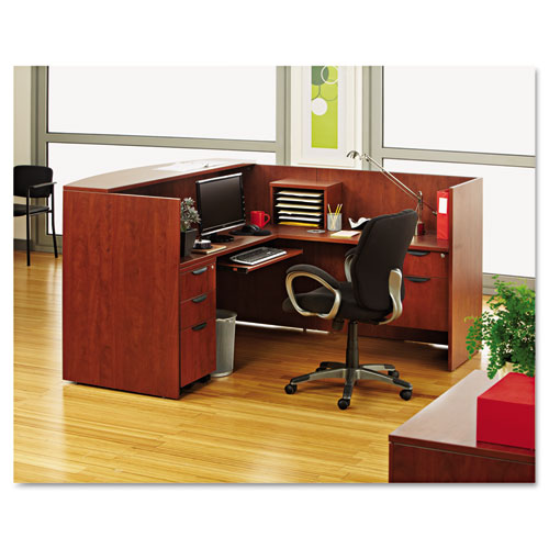 Alera Valencia Series Reception Desk with Transaction Counter, 71" x 35.5" x 29.5" to 42.5", Medium Cherry (VA327236MC)