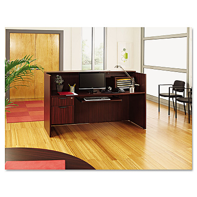 Alera Valencia Series Reception Desk with Transaction Counter, 71" x 35.5" x 29.5" to 42.5", Mahogany (ALEVA327236MY)