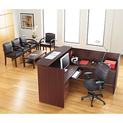 Alera Valencia Series Reception Desk with Transaction Counter, 71" x 35.5" x 29.5" to 42.5", Mahogany (ALEVA327236MY)