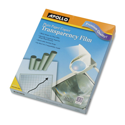 Apollo Plain Paper Laser Transparency Film with Handling Strip, 8.5 x 11, Black on Clear, 100/Box (APOPP201C)
