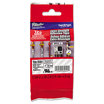 Brother TZe Extra-Strength Adhesive Laminated Labeling Tape, 0.94" x 26.2 ft, Black on Clear (TZES151)