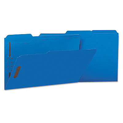 Universal Deluxe Reinforced Top Tab Fastener Folders, 0.75" Expansion, 2 Fasteners, Legal Size, Blue Exterior, 50/Box (UNV13525)